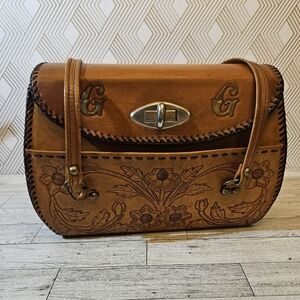 COPY - Vintage Hand Tooled Leather Hard Sided Satchel Bag